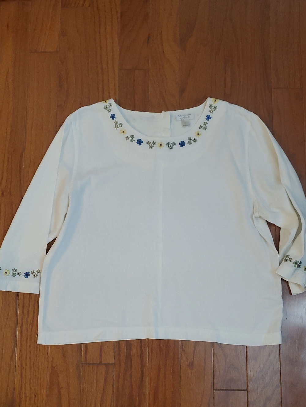 Christopher & Banks Linen/Rayon Floral Embroidered White Breathable Blouse Large